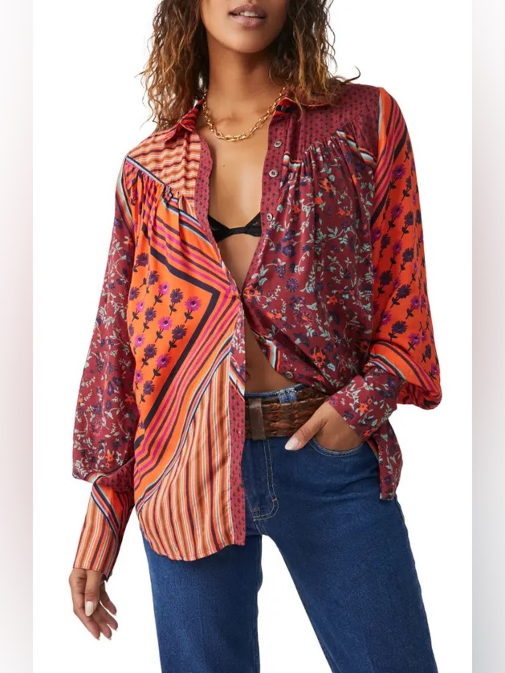 Free People Hazel Patchwork Buttondown Shirt